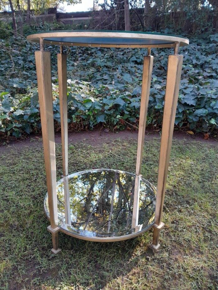A Custom-made Gilt Metal / Wrought Iron Circulate Table / Side Table / Bedside Table with Two Bevelled Mirrors on Top and Bottom - Image 2