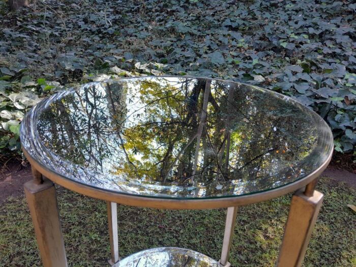 A Custom-made Gilt Metal / Wrought Iron Circulate Table / Side Table / Bedside Table with Two Bevelled Mirrors on Top and Bottom - Image 7