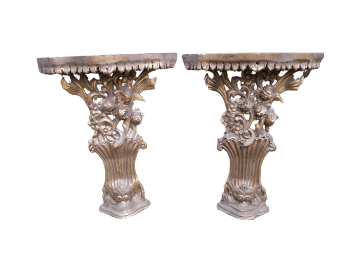 A Pair of Medium French Style Carved and Gilded Wall Sconces Or Console Tables with Cream Marble Tops