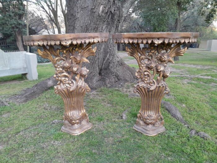 A Pair of Medium French Style Carved and Gilded Wall Sconces Or Console Tables with Cream Marble Tops - Image 2