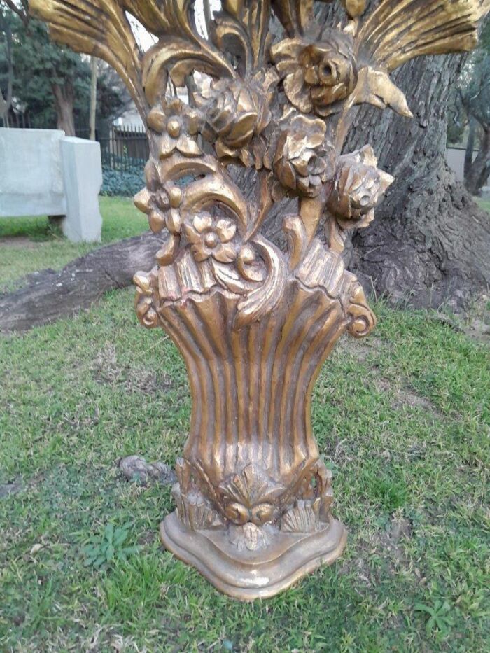 A Pair of Medium French Style Carved and Gilded Wall Sconces Or Console Tables with Cream Marble Tops - Image 6