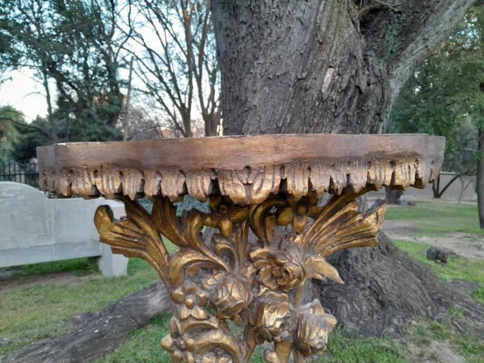 A Pair of Medium French Style Carved and Gilded Wall Sconces Or Console Tables with Cream Marble Tops - Image 7