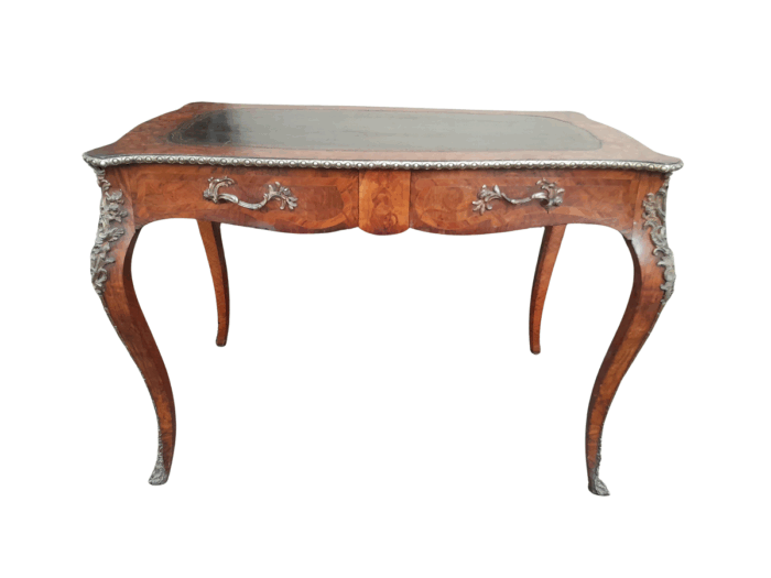 A 19th Century Circa 1895 Rare And Original French Walnut Plat Desk With Two Drawers And Gilt Metal Mounts And Original Tooled Leather Top