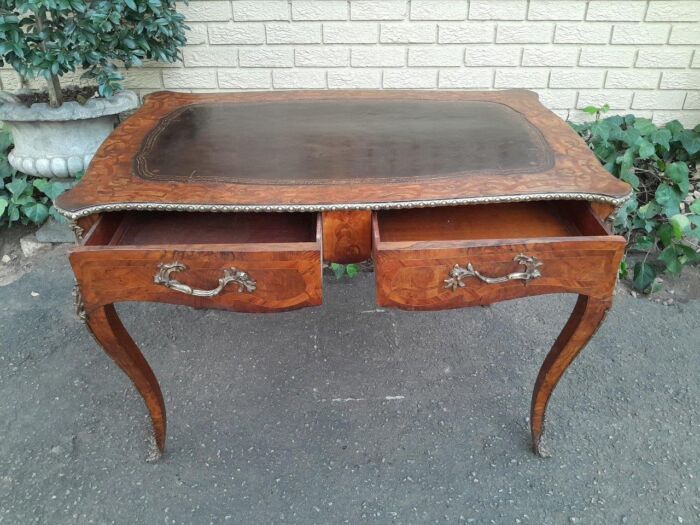 A 19th Century Circa 1895 Rare And Original French Walnut Plat Desk With Two Drawers And Gilt Metal Mounts And Original Tooled Leather Top - Image 9