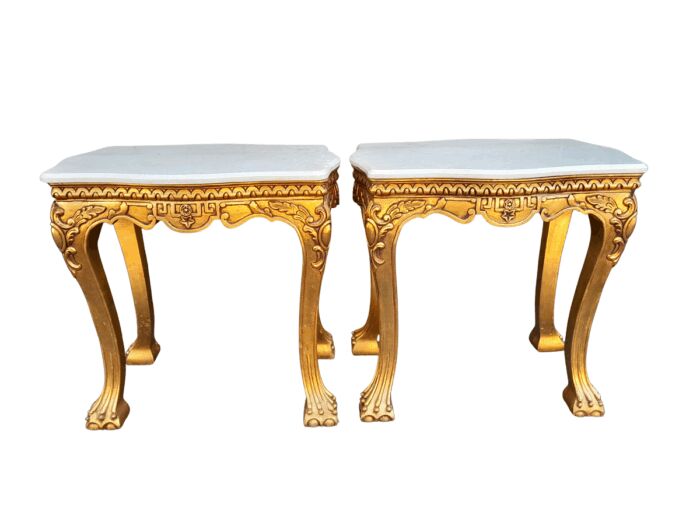 A Pair of 20th century French Style Giltwood Side Tables with Cream Galala Marble Tops