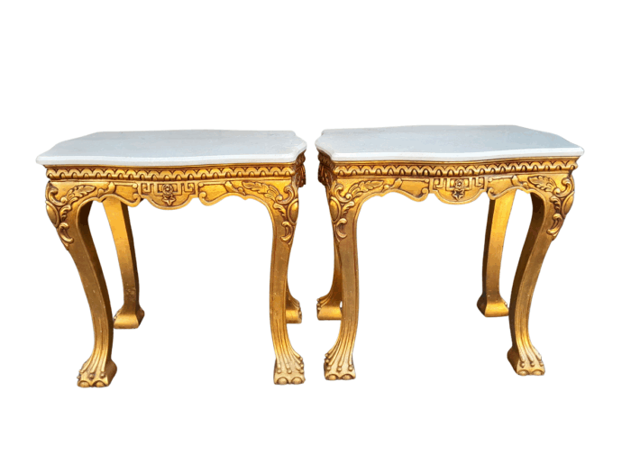 A Pair of 20th century French Style Giltwood Side Tables with Cream Galala Marble Tops