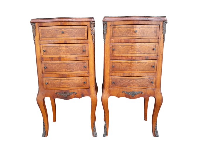A 20th Century Circa 1920 Pair of French Walnut and Inlaid Bowfront Pedestals with Gilt Metal Mounts and Four Drawers