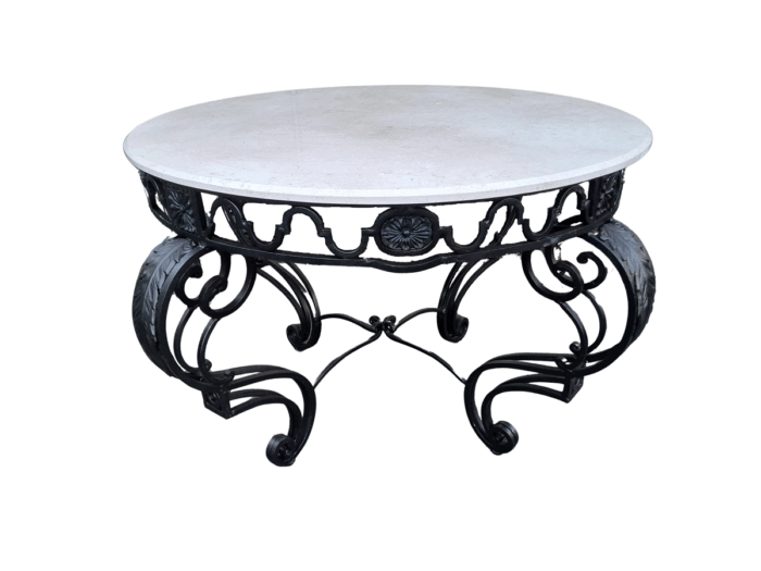 A 20th Century Imported French Style Wrought Iron Circular Entrance Table / Table with Cream Marble Top