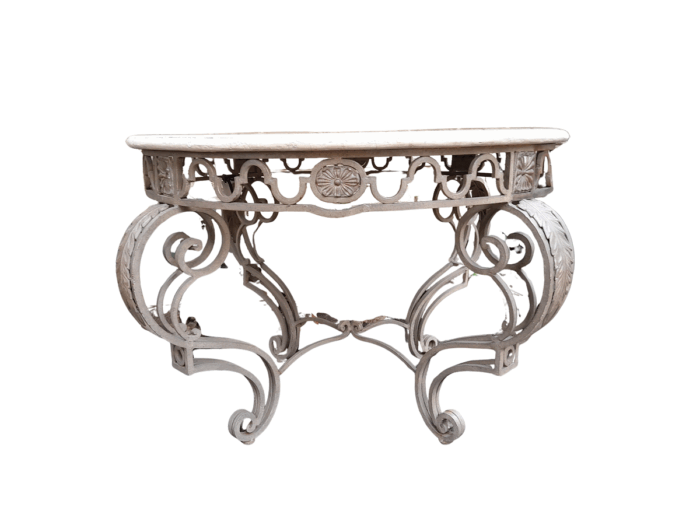 A 20th Century Imported French Style Wrought Iron Circular Entrance Table / Table with Cream Marble Top