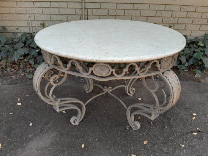 A 20th Century Imported French Style Wrought Iron Circular Entrance Table / Table with Cream Marble Top - Image 3