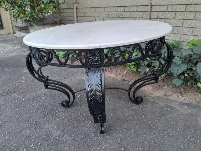 A 20th Century Imported French Style Wrought Iron Circular Entrance Table / Table with Cream Marble Top - Image 5