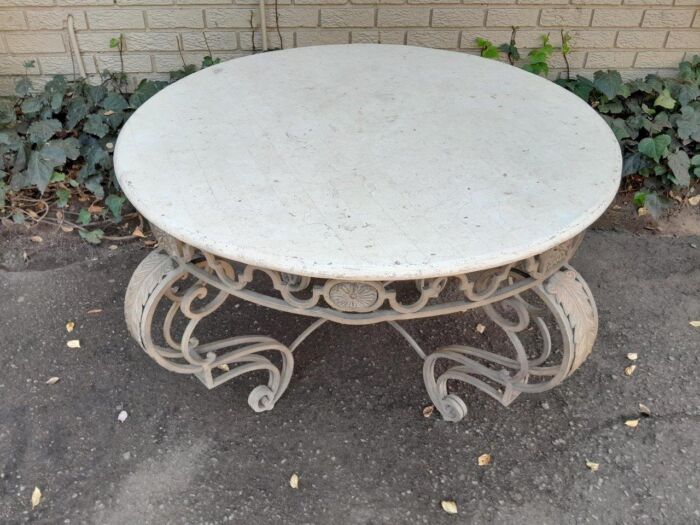 A 20th Century Imported French Style Wrought Iron Circular Entrance Table / Table with Cream Marble Top - Image 4