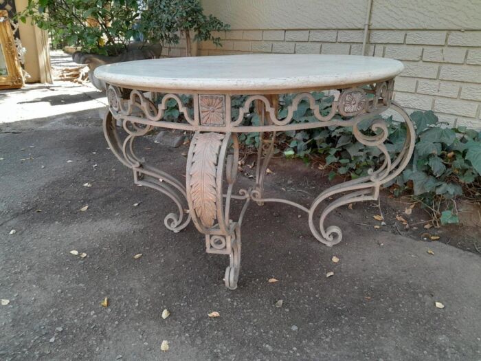 A 20th Century Imported French Style Wrought Iron Circular Entrance Table / Table with Cream Marble Top - Image 5