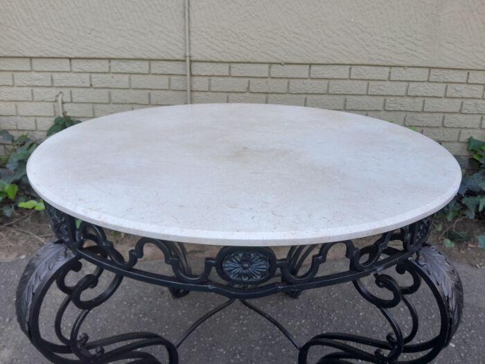 A 20th Century Imported French Style Wrought Iron Circular Entrance Table / Table with Cream Marble Top - Image 7