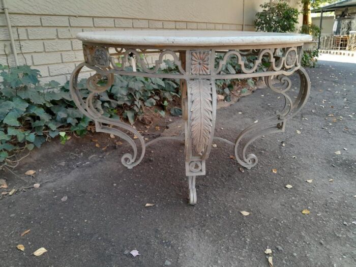 A 20th Century Imported French Style Wrought Iron Circular Entrance Table / Table with Cream Marble Top - Image 6