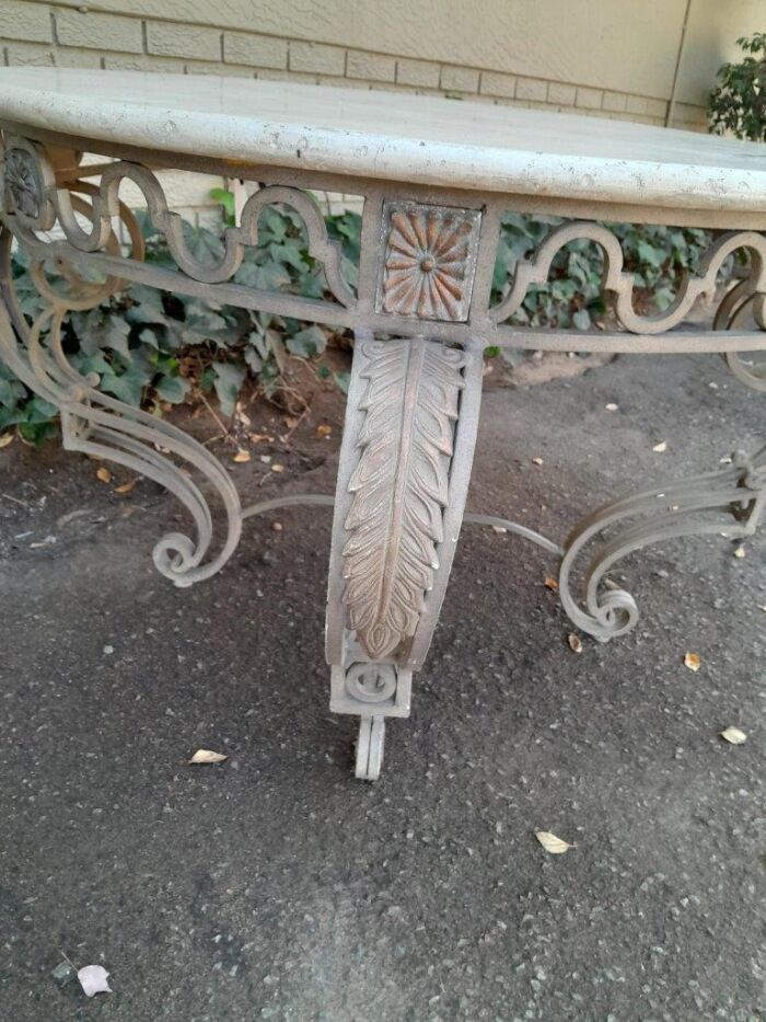A 20th Century Imported French Style Wrought Iron Circular Entrance Table / Table with Cream Marble Top - Image 7