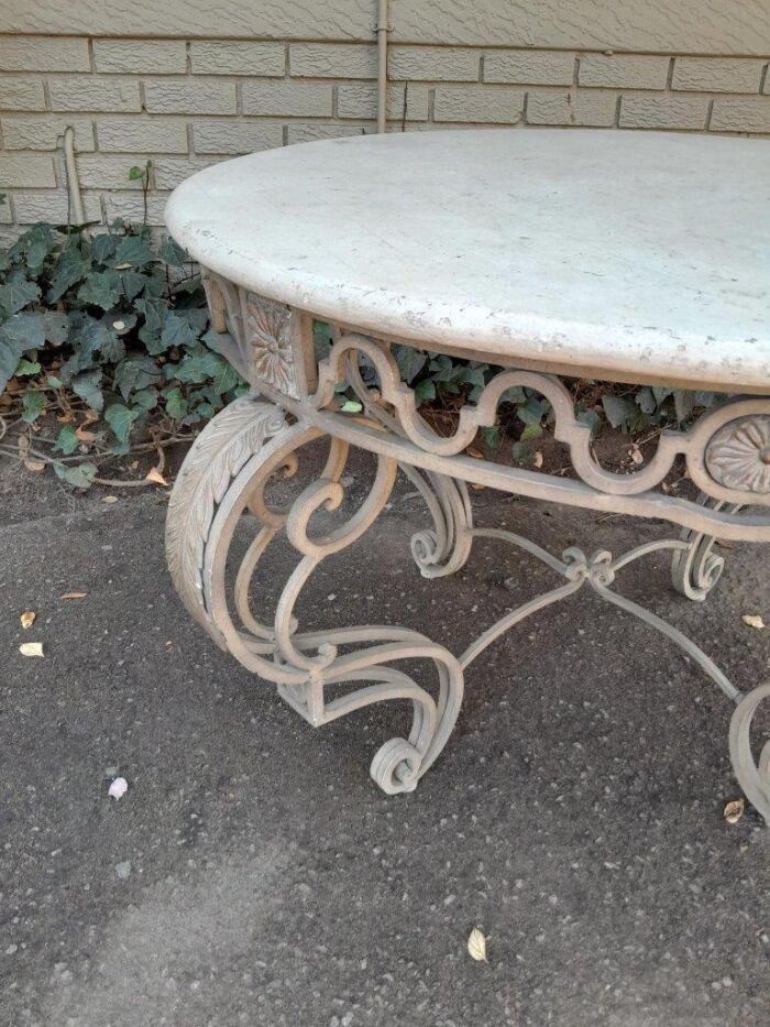 A 20th Century Imported French Style Wrought Iron Circular Entrance Table / Table with Cream Marble Top - Image 8