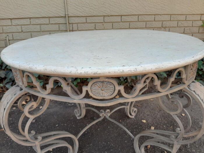 A 20th Century Imported French Style Wrought Iron Circular Entrance Table / Table with Cream Marble Top - Image 9