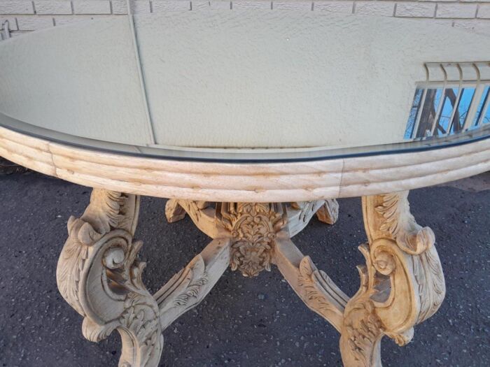 A 20th Century Ornately Carved Circular Wooden Table In A Contemporary Bleached Finish And With A Bevelled Mirror Top - Image 11