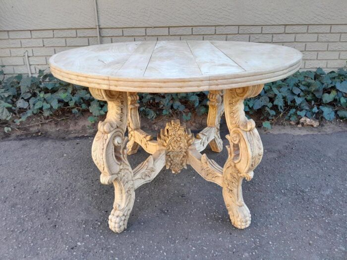A 20th Century Ornately Carved Circular Wooden Table In A Contemporary Bleached Finish And With A Bevelled Mirror Top - Image 13