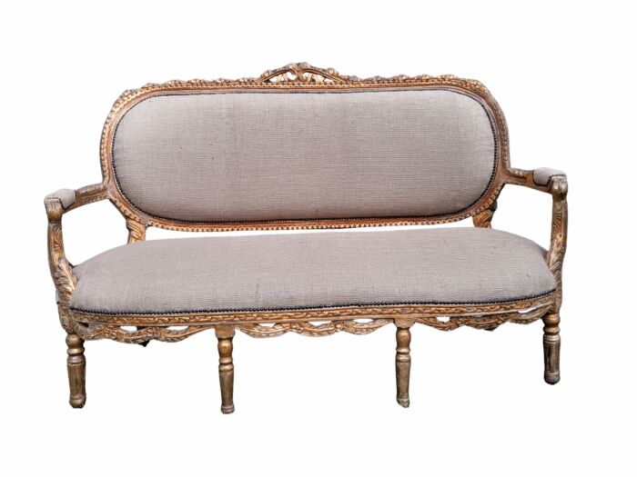 A 19TH Century Circa 1880 French Carved  Giltwood  Settee Upholstered In A Contemporary Hessian Fabric 