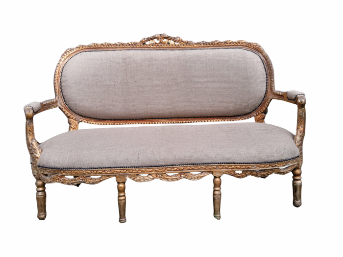 A 19TH Century Circa 1880 French Carved  Giltwood  Settee Upholstered In A Contemporary Hessian Fabric 