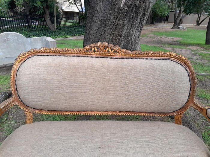 A 19TH Century Circa 1880 French Carved  Giltwood  Settee Upholstered In A Contemporary Hessian Fabric  - Image 7