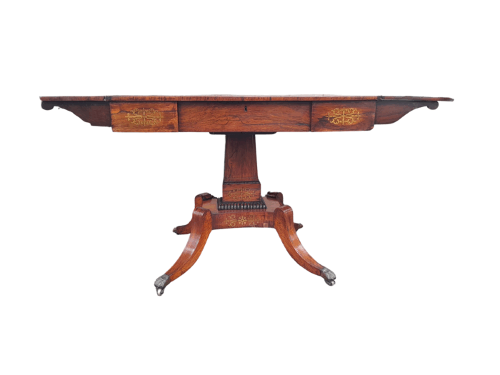 A 19th Century Victorian Brass Plated Rosewood Sofa Drop Side Table With Brass Inlay and on Brass Lion Paw Feet