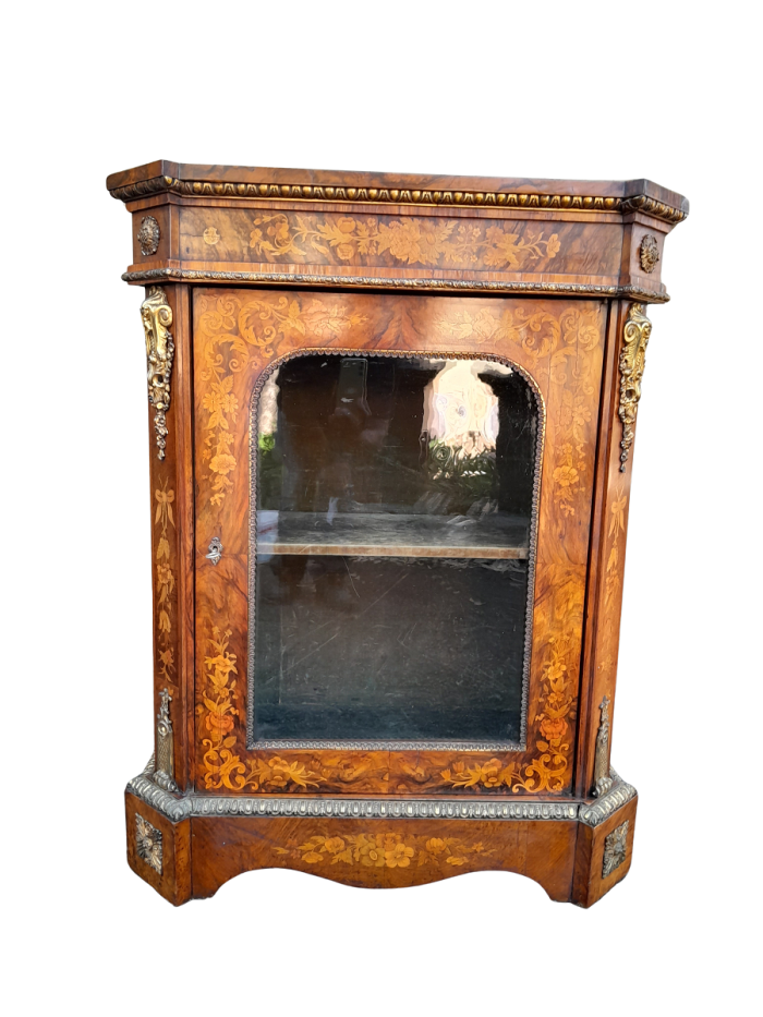 A19th Century French Rosewood, Walnut Marquetry With Ormolu Pier Cabinet Inlaid With Walnut An Exotic Woods With Lock And Key.  With BADA (British Antiques Dealers Association) Stamp