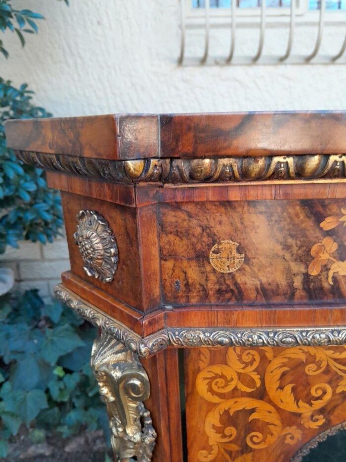 A19th Century French Rosewood, Walnut Marquetry With Ormolu Pier Cabinet Inlaid With Walnut An Exotic Woods With Lock And Key.  With BADA (British Antiques Dealers Association) Stamp - Image 11