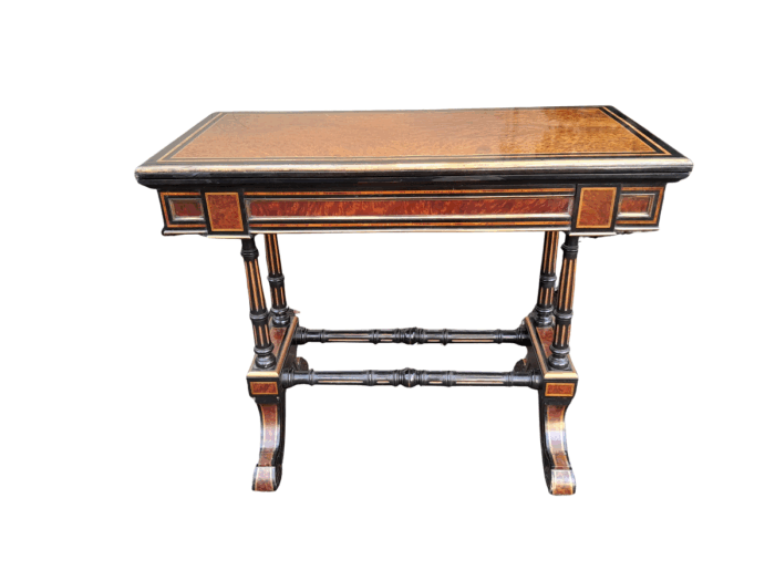 A 19th Century French Burr-Maple And Ebonised Card Table / Drinks Table / Table With Leather Top On Castors