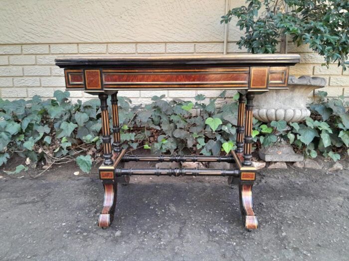 A 19th Century French Burr-Maple And Ebonised Card Table / Drinks Table / Table With Leather Top On Castors - Image 2