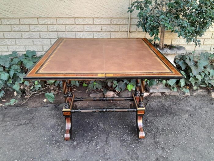 A 19th Century French Burr-Maple And Ebonised Card Table / Drinks Table / Table With Leather Top On Castors - Image 7