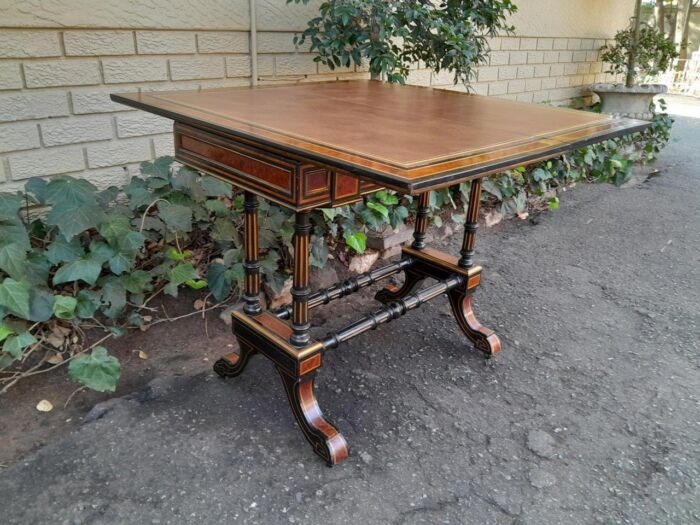 A 19th Century French Burr-Maple And Ebonised Card Table / Drinks Table / Table With Leather Top On Castors - Image 8