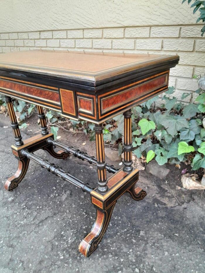 A 19th Century French Burr-Maple And Ebonised Card Table / Drinks Table / Table With Leather Top On Castors - Image 11
