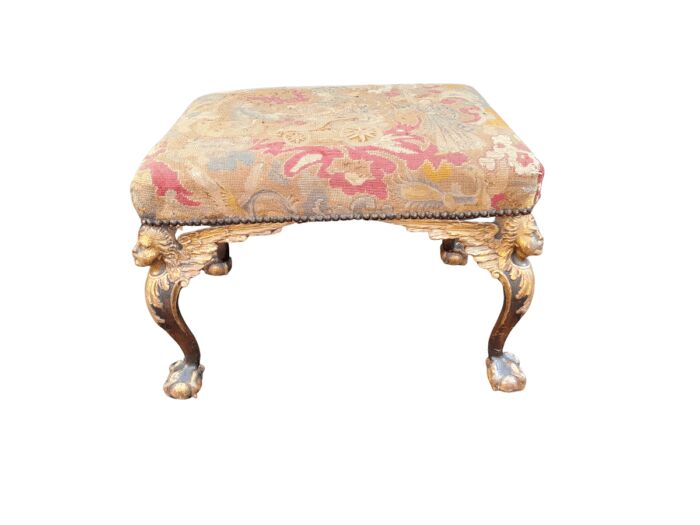 An Early 19th Century French Empire Ornately Hand Carved  Gilt Wood And Aged French Aubusson Woven Tapestry