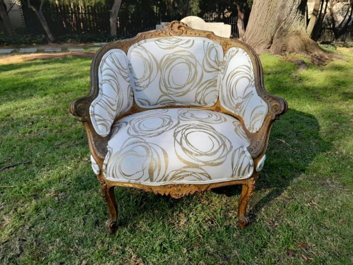 A Late 19th Century French Carved and Gilt Wood Walnut Bergere Armchair  Upholstered in  a custom made fabric for The Crown Collection - Image 2