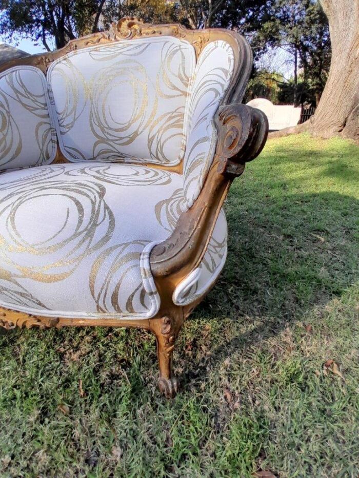 A Late 19th Century French Carved and Gilt Wood Walnut Bergere Armchair  Upholstered in  a custom made fabric for The Crown Collection - Image 8