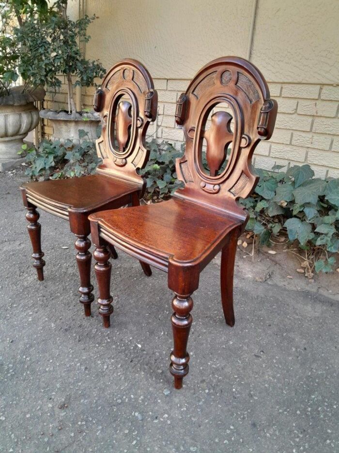 A  20TH Century Pair  of Victorian Carved Mahogany Hall Chairs - Image 4