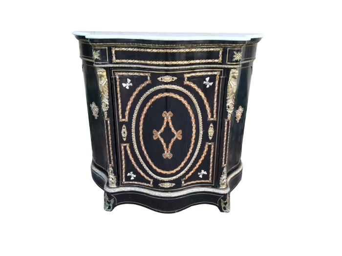 A 19th Century French Credenza With Marquetry Inlay. Mother Of Pearl And Ormolu And White Marble Top