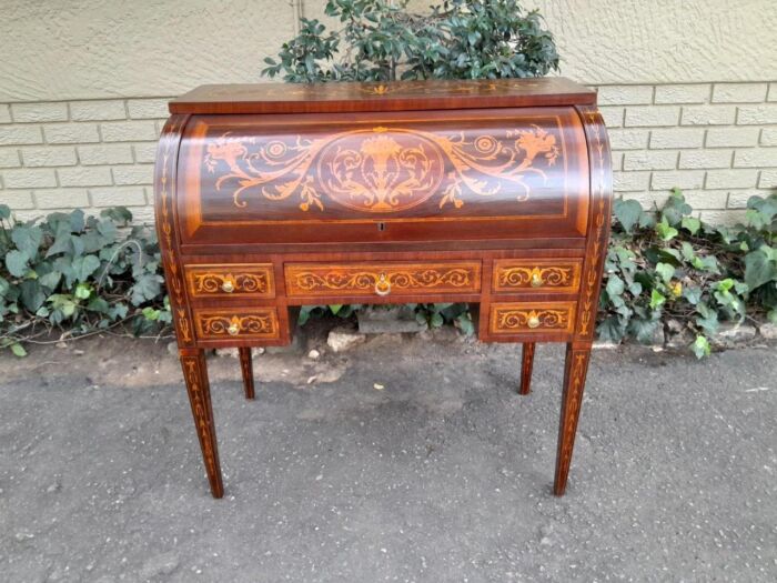 A 20th Century Rosewood And Inlaid Marquetry Cylinder Desk With Pull Out Writing Section - Image 2