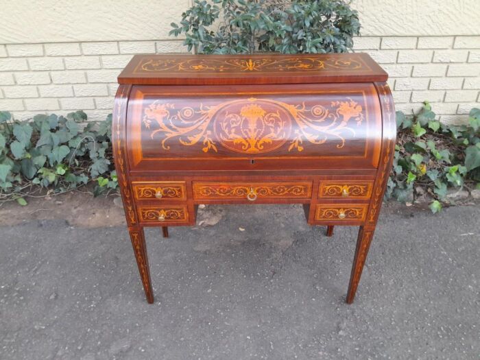 A 20th Century Rosewood And Inlaid Marquetry Cylinder Desk With Pull Out Writing Section - Image 3