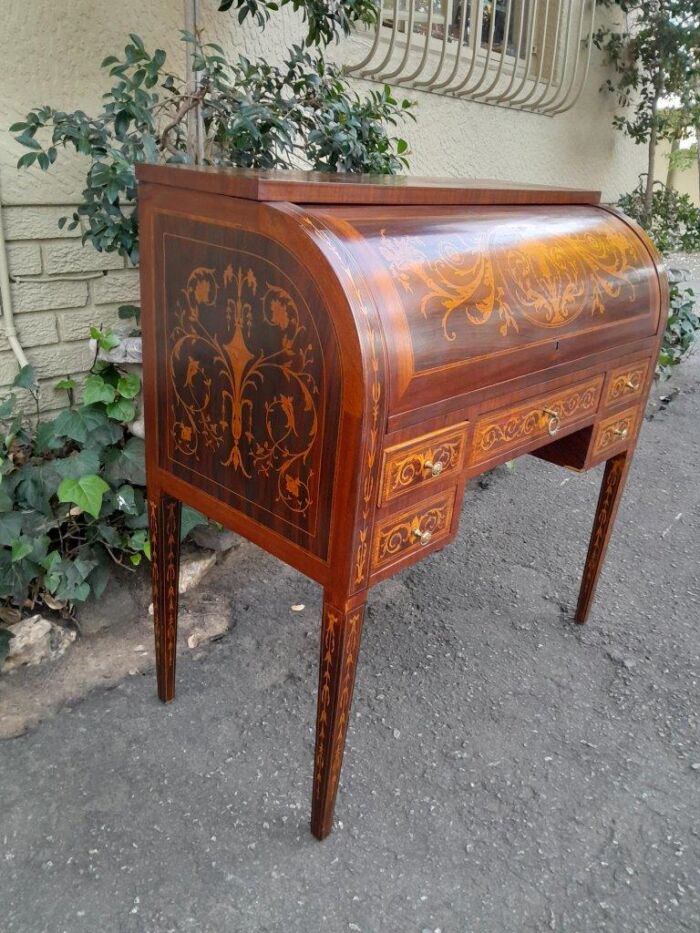 A 20th Century Rosewood And Inlaid Marquetry Cylinder Desk With Pull Out Writing Section - Image 5