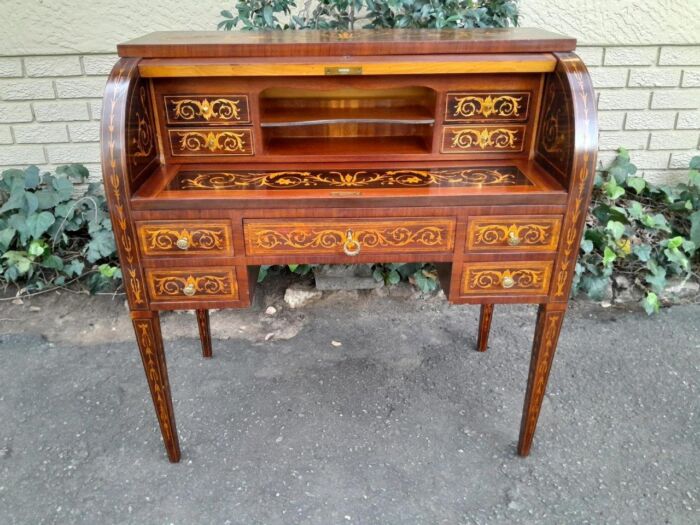 A 20th Century Rosewood And Inlaid Marquetry Cylinder Desk With Pull Out Writing Section - Image 7