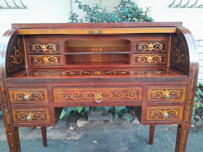A 20th Century Rosewood And Inlaid Marquetry Cylinder Desk With Pull Out Writing Section - Image 8