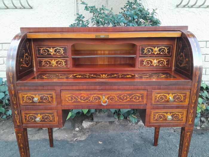 A 20th Century Rosewood And Inlaid Marquetry Cylinder Desk With Pull Out Writing Section - Image 9