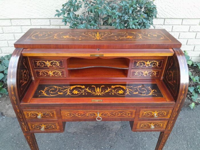 A 20th Century Rosewood And Inlaid Marquetry Cylinder Desk With Pull Out Writing Section - Image 10