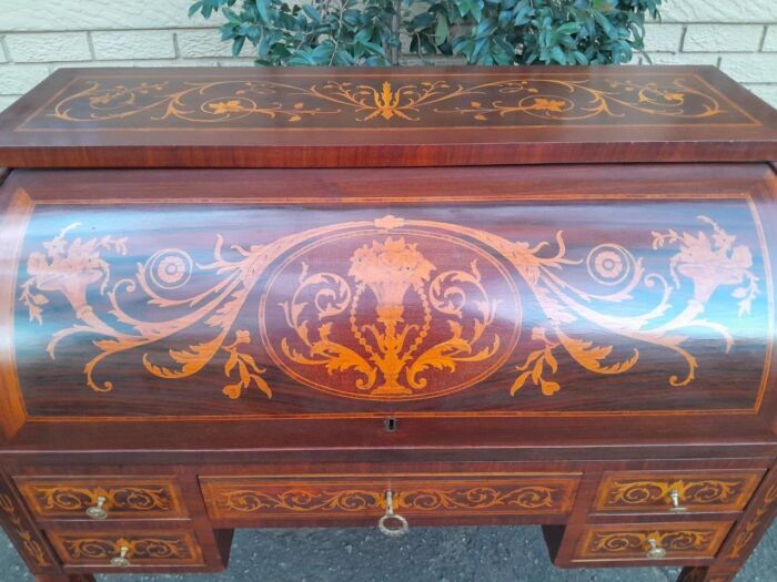 A 20th Century Rosewood And Inlaid Marquetry Cylinder Desk With Pull Out Writing Section - Image 12