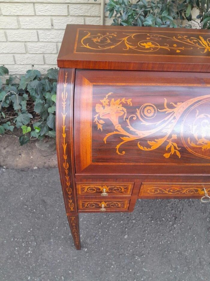 A 20th Century Rosewood And Inlaid Marquetry Cylinder Desk With Pull Out Writing Section - Image 13