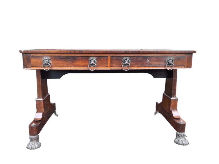 A 19th Century William IV Rosewood Desk with Gilt Tooled Leather and Gilt Metal Gallery Top on Bronze Lion Claw Feet